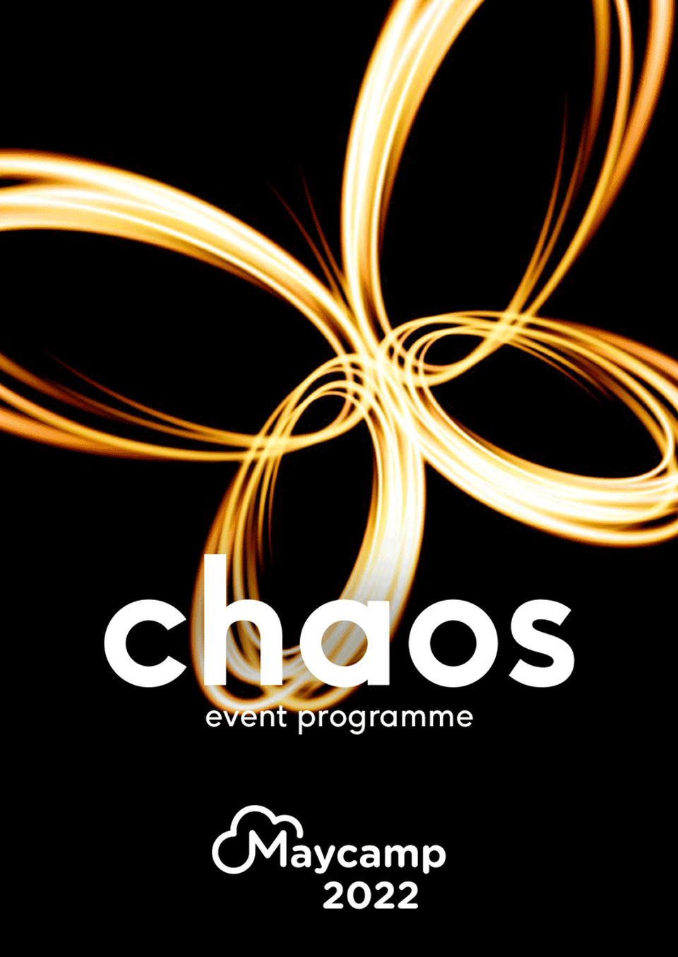 Maycamp 2022 Programme cover. Butterfly shape logo with the word chaos written across it.